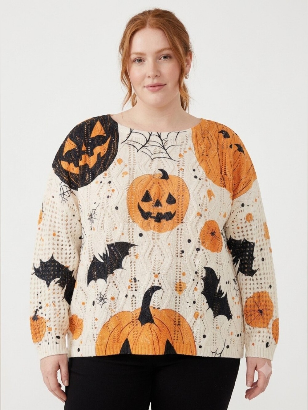 🍎 NEW Spooky Season Halloween Pumpkin & Bat Open Knit Sweater Plus Size 3XL